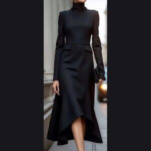 Black, Long Sleeve, High Collar, High-Low Dress